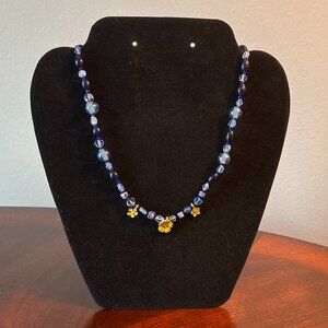 Handmade Beaded Necklace - Blue with Gold Flowers